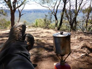 Enjoying the view from Mt Solitary whilst the billy boils.