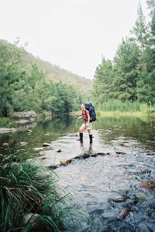 Crossing the Kowmung River on the Mittagong to Katoomba 7 day trip. My trusty first pack - Macpac Glissade - a whopping 75ltr pack.