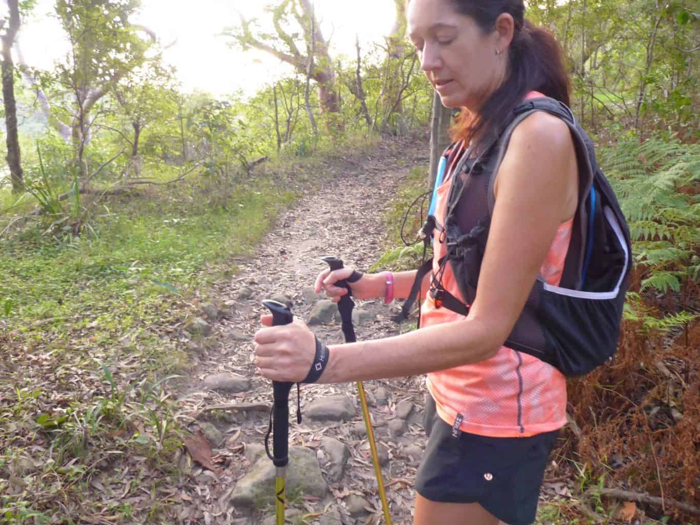 Arms should be comfortably at the 90 degree angle to check for correct length in Nordic Walking.