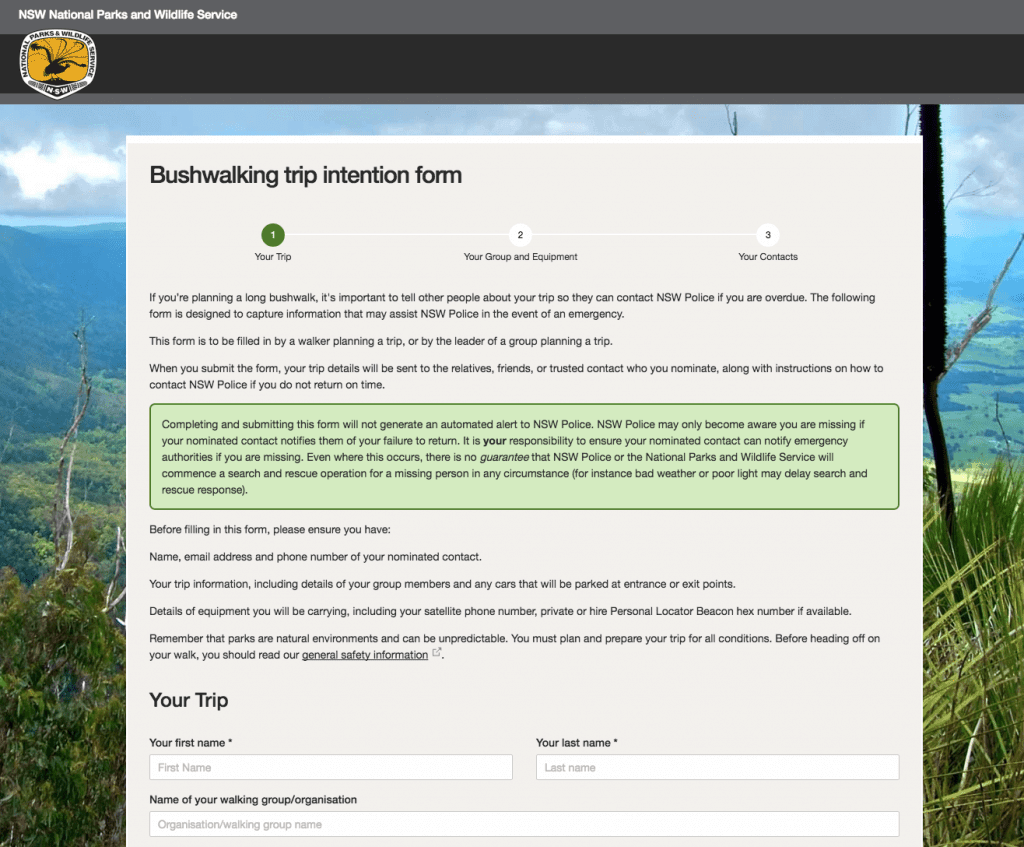 NSW National Parks and Police Rescue's Online Trip Intention Form (Beta)