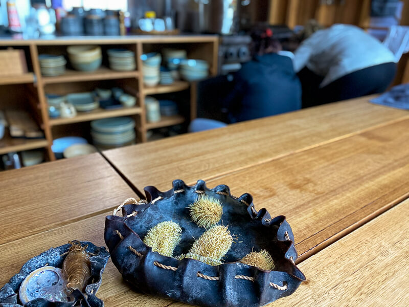 gathered natural items in a bowl made of kelp